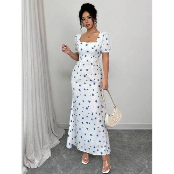 New Women Sweetheart Collar Short Sleeve All-Over Print Casual Long Dress - Picture 4 of 6